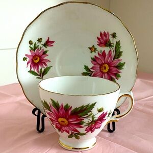 EUC VTG Royal Vale Teacup and Saucer with Large Pink Floral Motifs